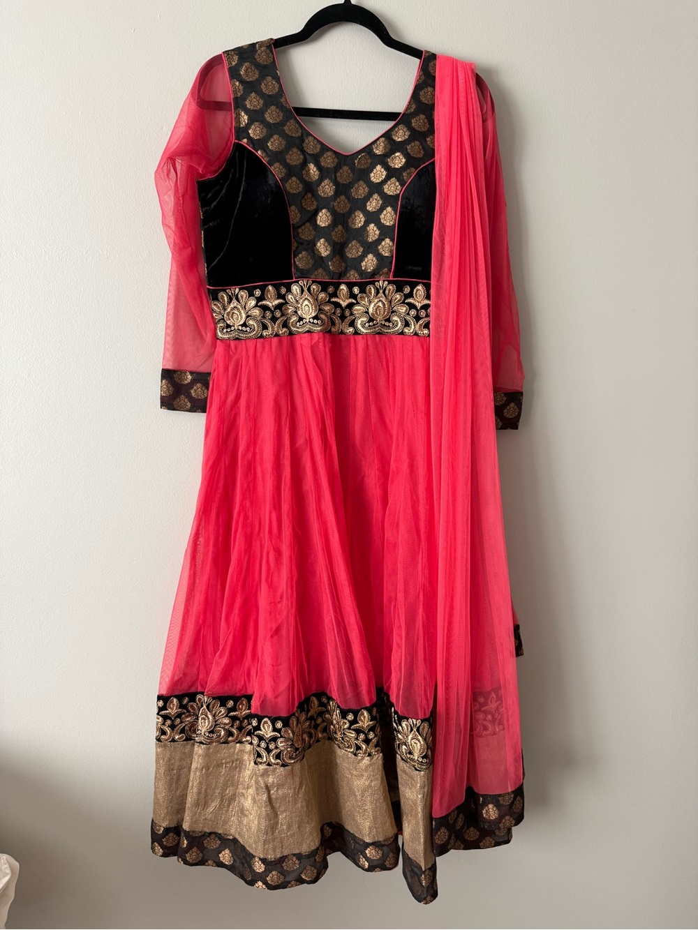Pink and Black Embellished Anarkali Dress with Gold Accents